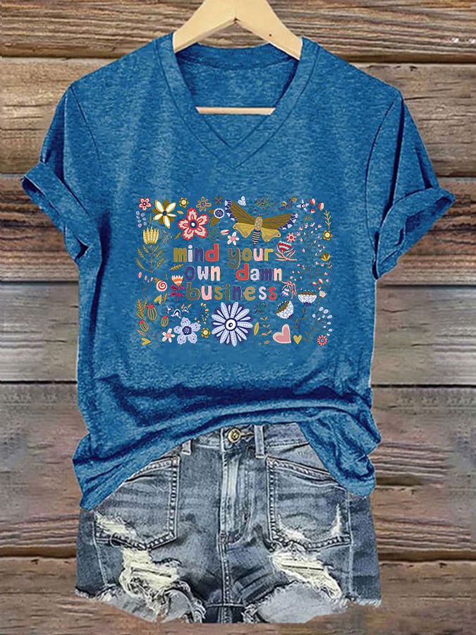 Women's Mind Your Own Damn Business Floral Print V-Neck T-Shirt