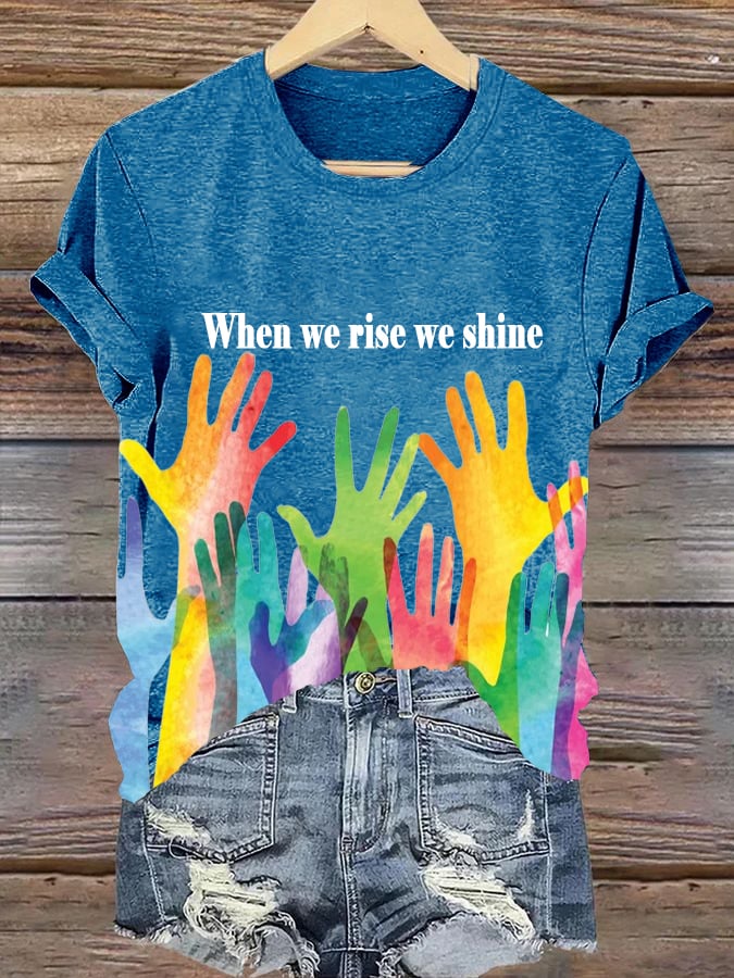 Women's When We Rise We Shine Printed V-Neck Short-Sleeved T-Shirt