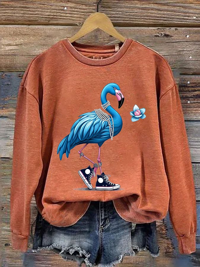 Women's Pearl Necklace Canvas Shoes Flamingo Print Round Neck Sweatshirt