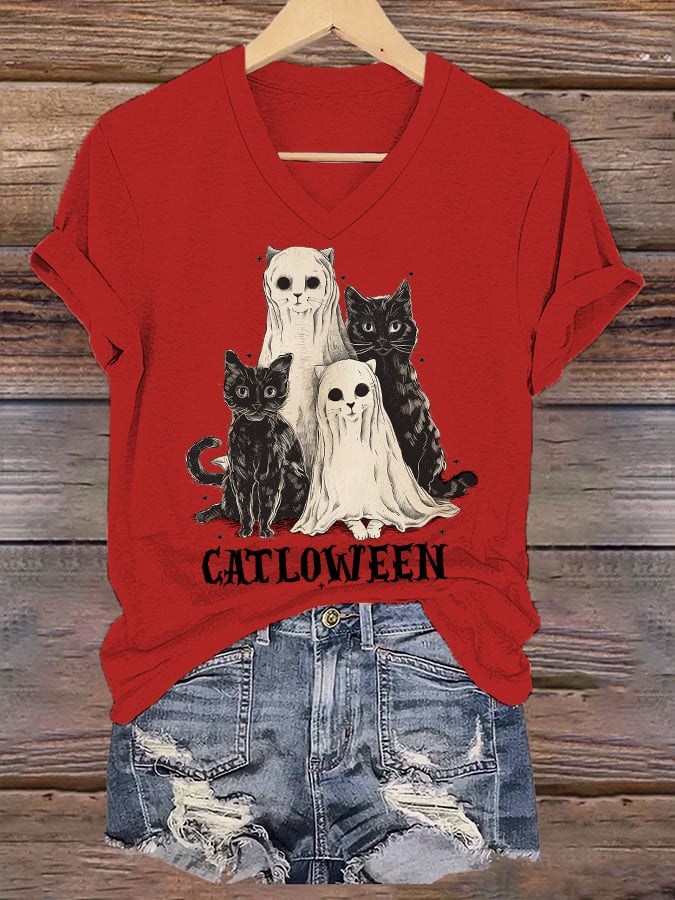 Women's Halloween Catloween Print T-Shirt
