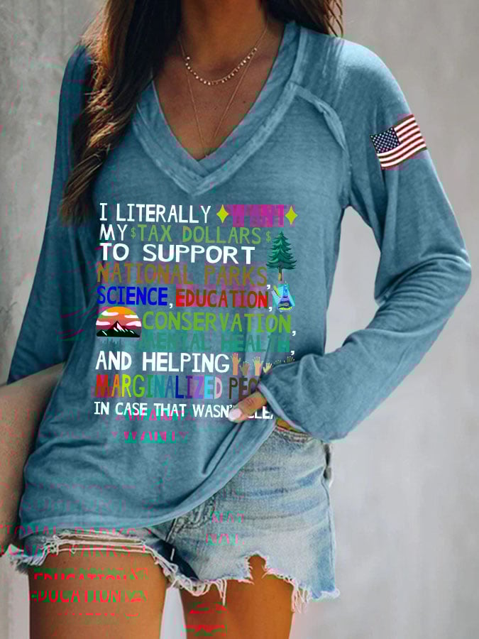 Women's Support National Parks Print V Neck Long Sleeve Shirt