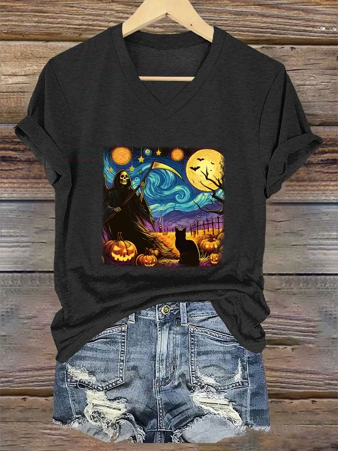 Women's Halloween Oil Painting Cat Print V-Neck T-Shirt