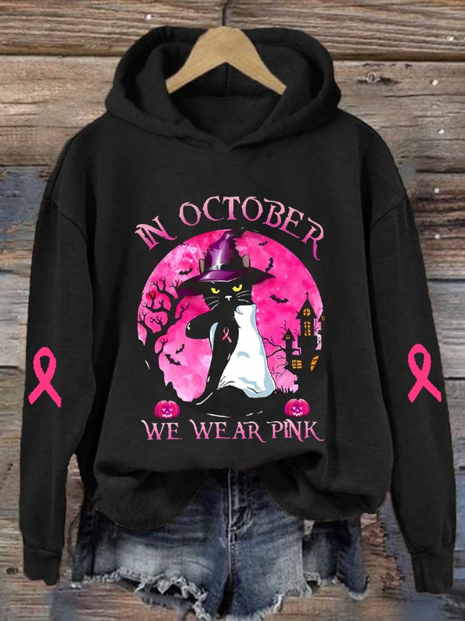 Women's Breast Cancer Awareness In October We Wear Pink With Black Cat Halloween Print Hoodie