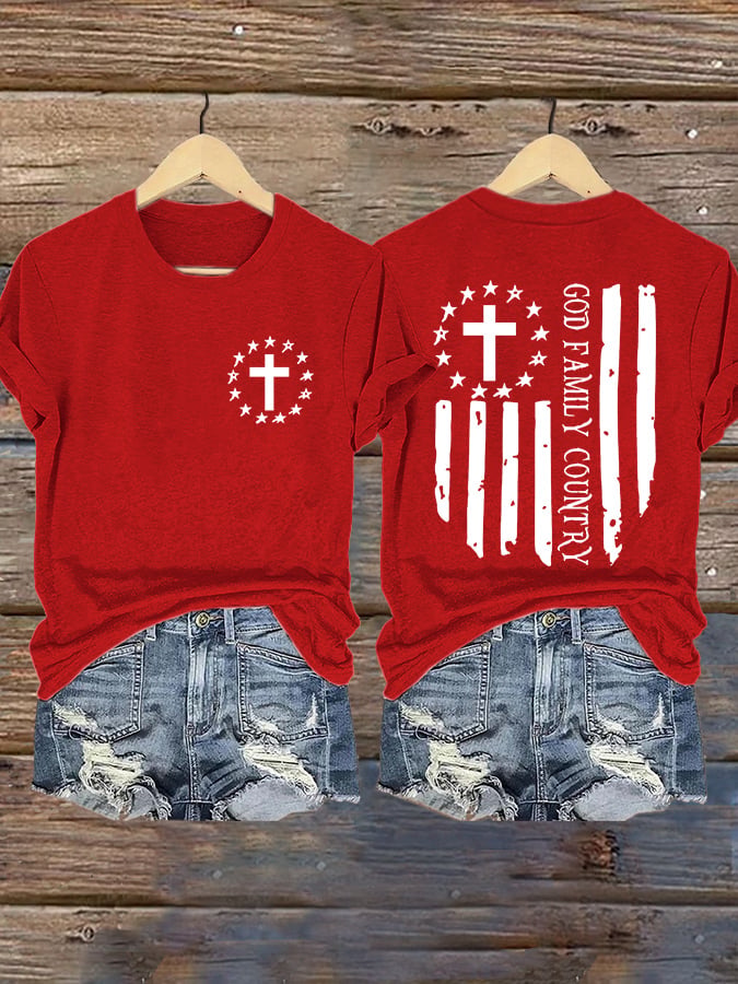 Retro Faith Cross God Family Country Print T-Shirt