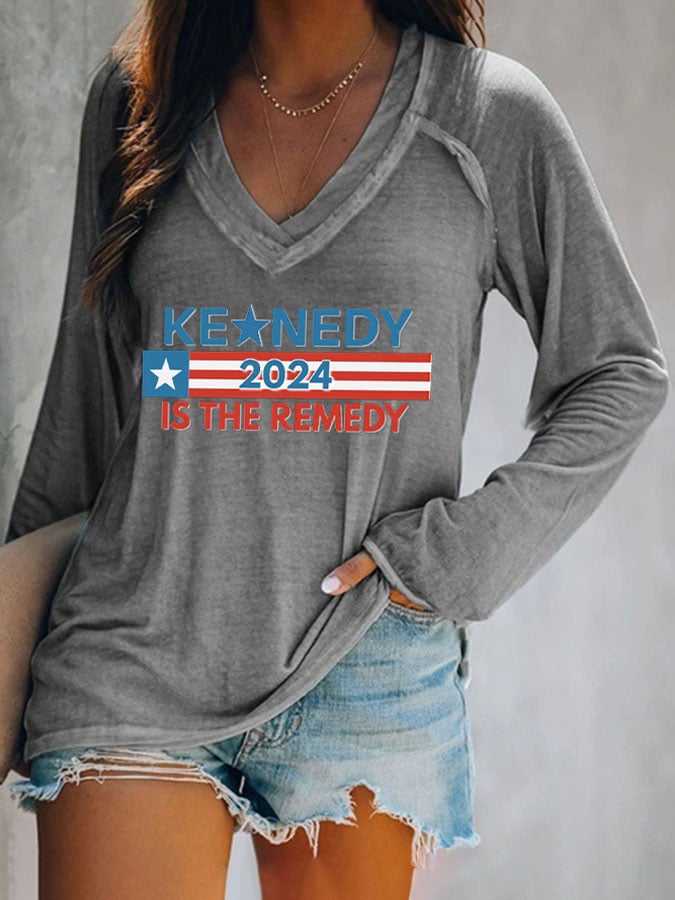 Women's The Kennedy Is The Remedy Print V Neck T-Shirt