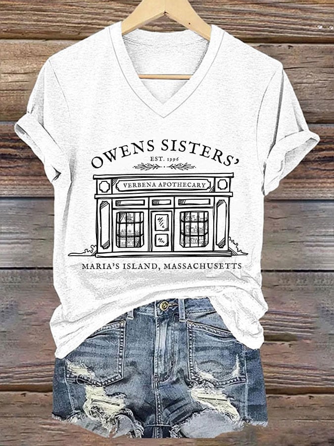 Women's Owens Sisters verbena apothecary maria's island,massachusetts Halloween V-neck T-shirt