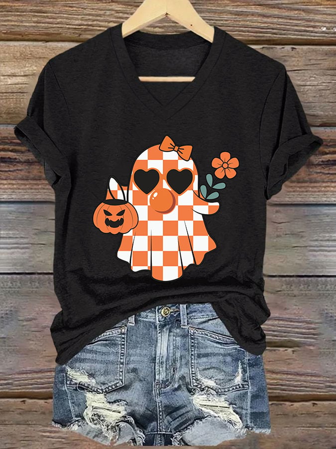 Women's Cute Ghost Printed V Neck T-shirt