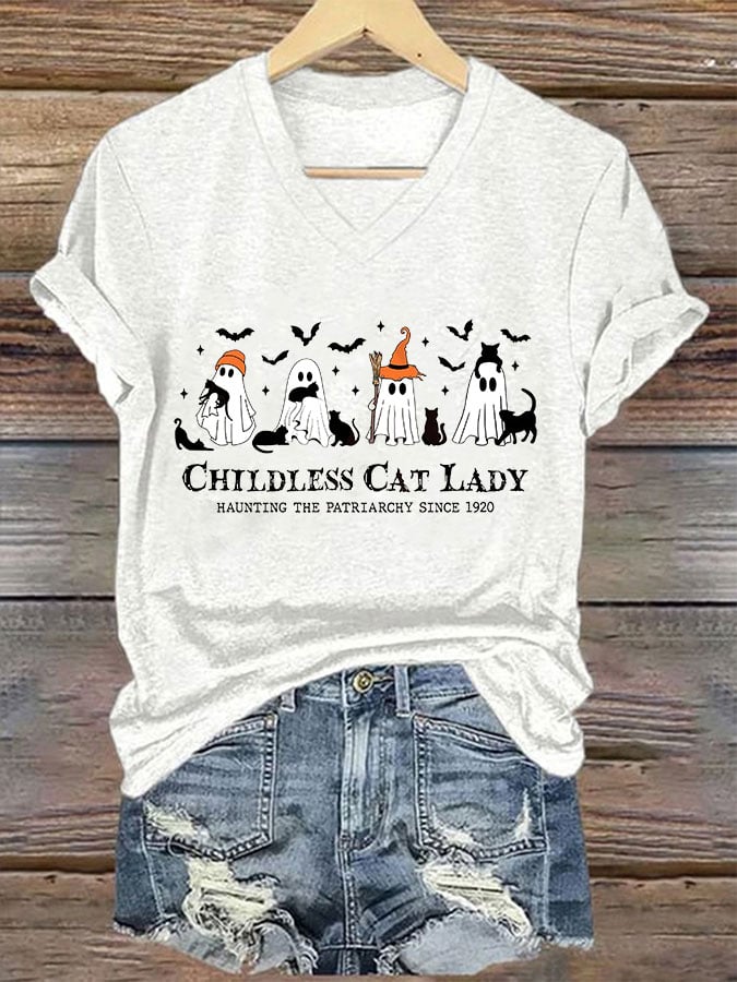 Women's Halloween Childless Cat Lady Print T-Shirt