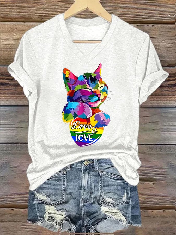 Women's La  Cat Love Is Love Printed Short-Sleeved T-Shirt