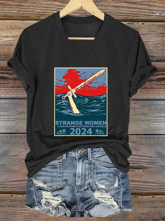 Women's Strange Women Lying In Ponds Distributing Swords Print T-Shirt