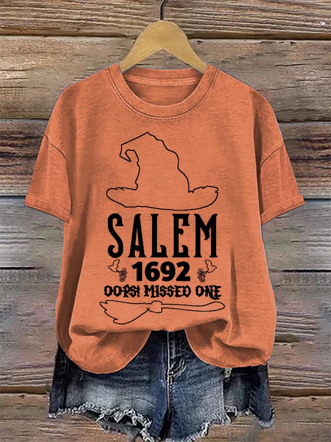 Women's Salem Witch 1692 Oops Missed One Print Round Neck T-Shirt