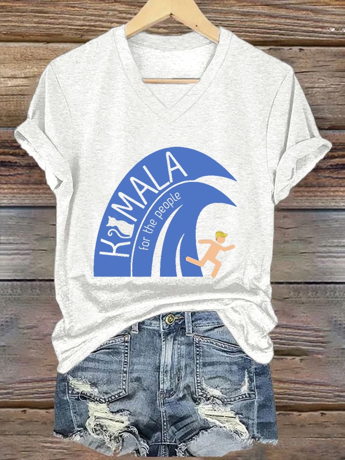 Women's Blue Wave Print V-Neck T-Shirt