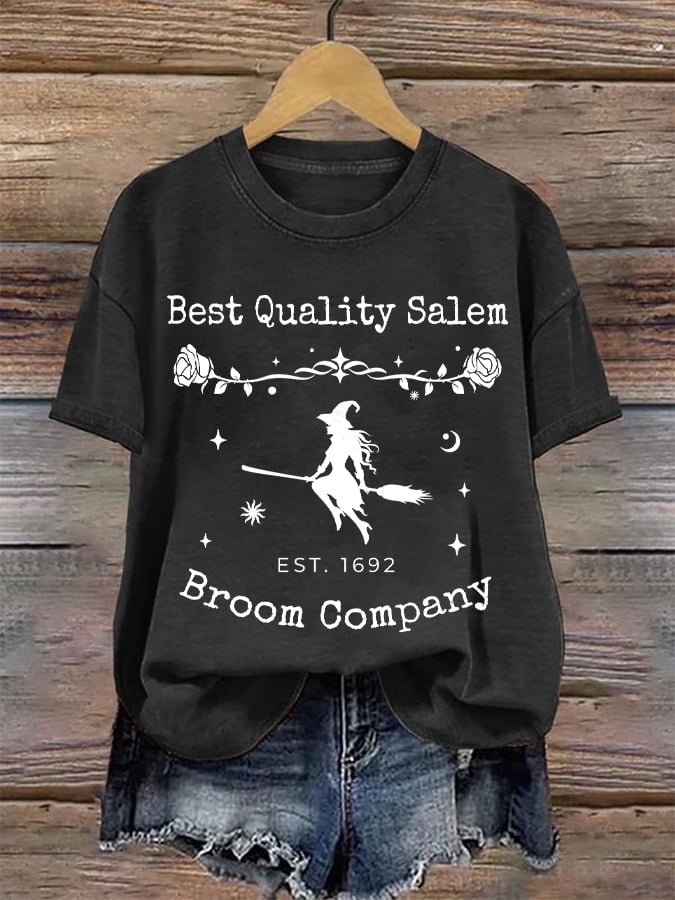 Women's Quality Salem Broom Company Halloween Print Round Neck T-Shirt