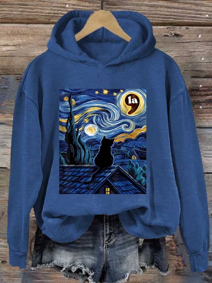 Retro Cat LA Starry Night Print Hoodie