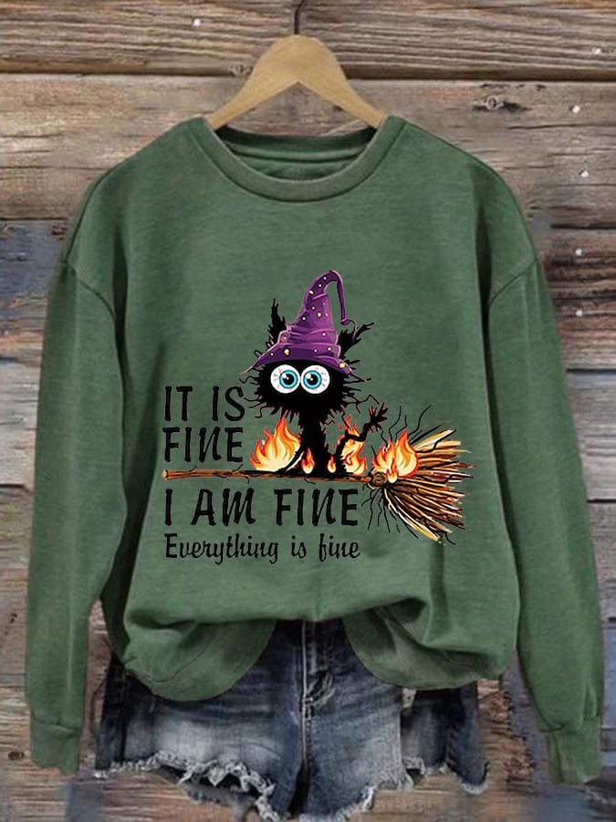 Women's Funny Halloween It's Fine I'm Fine Black Cat Print Crew Neck Sweatshirt