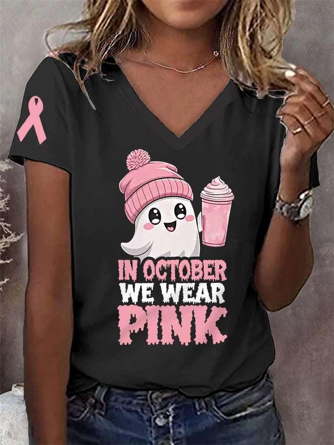 Women's In October We Wear Pink Halloween Ghost Breast Cancer Awareness Warrior V-Neck Tee