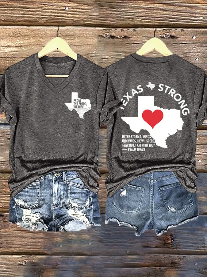 V-Neck Retro Texas Strong From The Flood, We Rise Texas Strong In The Storms, Winds And Waves, He Whispers,“Fear Not, I Am With You”— Psalm 107:29 Print T-Shirt