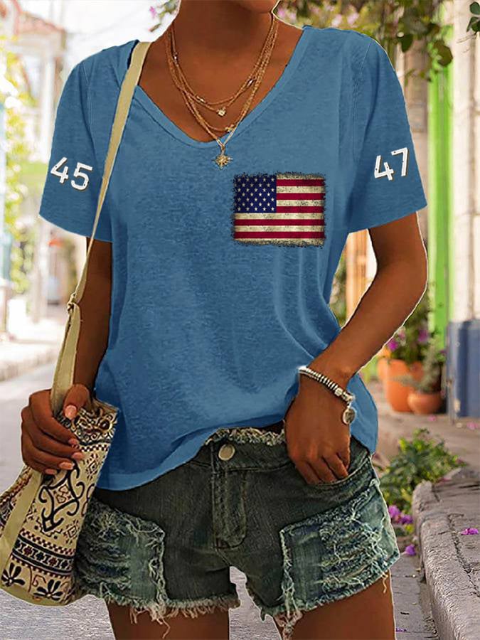 Women's 45-47 American Flag Print V-Neck T-Shirt
