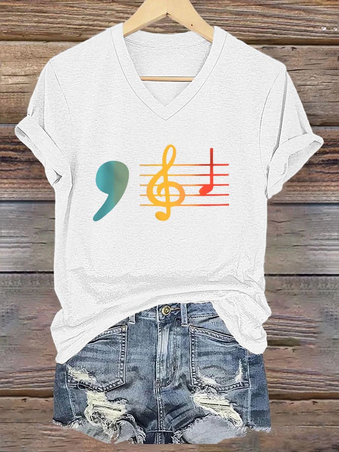 Women's La Music Print V-Neck T-Shirt
