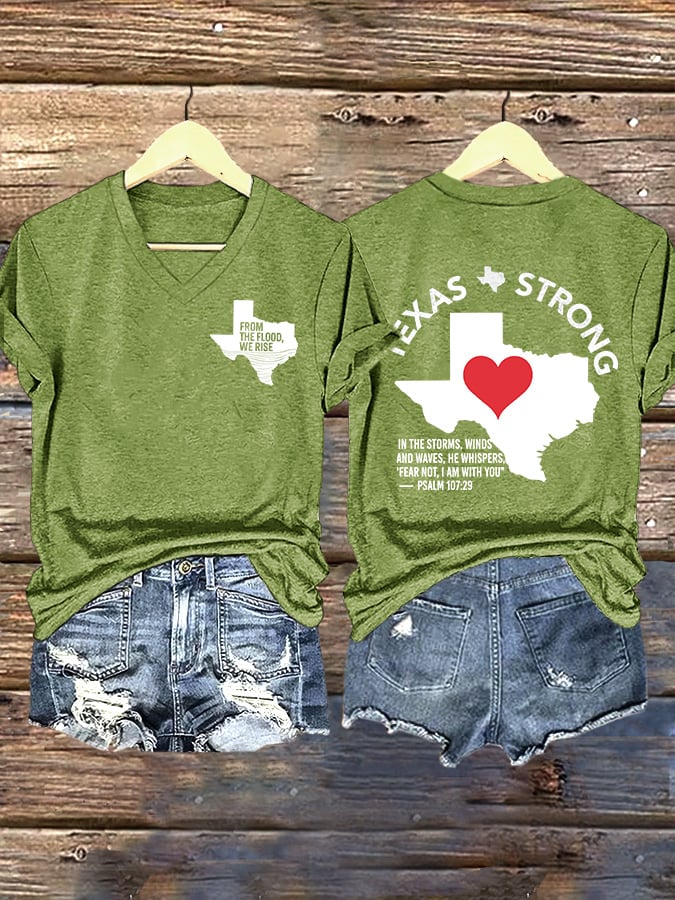 V-Neck Retro Texas Strong From The Flood, We Rise Texas Strong In The Storms, Winds And Waves, He Whispers,“Fear Not, I Am With You”— Psalm 107:29 Print T-Shirt