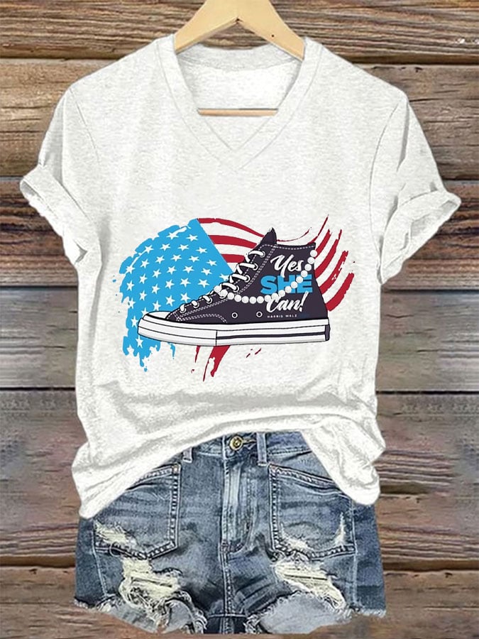 Women's Yes She Can Chucks&Pearls Print T-Shirt