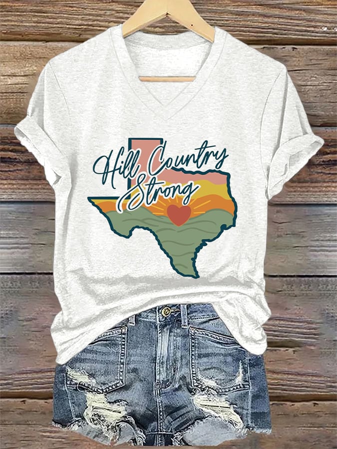 V-Neck Retro Texas Strong Hill Country Strong Print T-Shirt