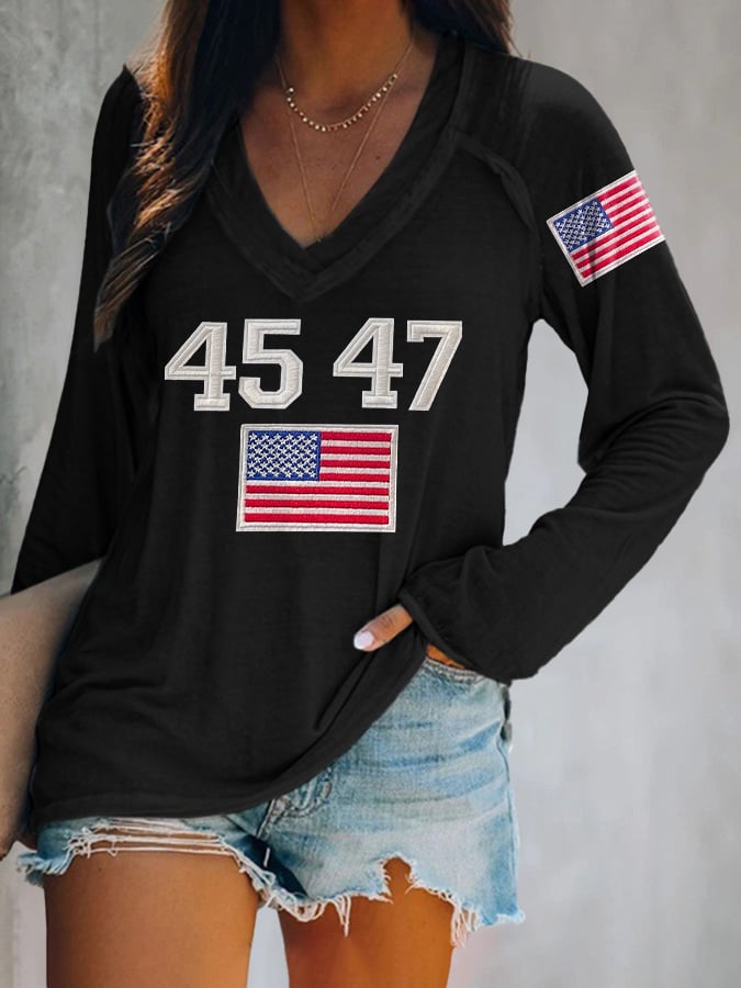 V-neck Retro 45 47 Print T-Shirt