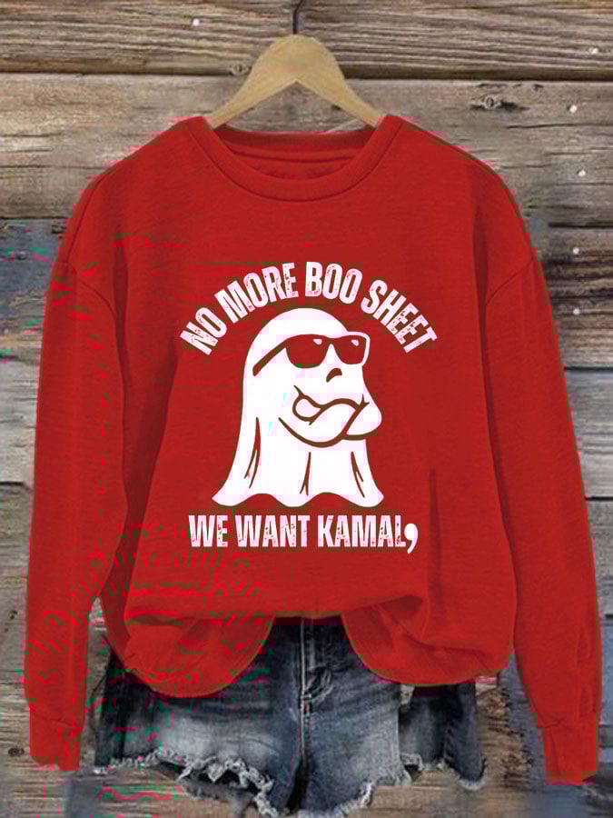 Women's No More Boo Sheet We Want Comma La Print Crew Neck Sweatshirt