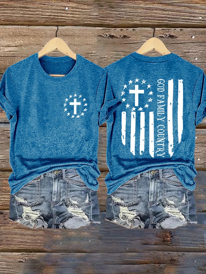 Retro Faith Cross God Family Country Print T-Shirt