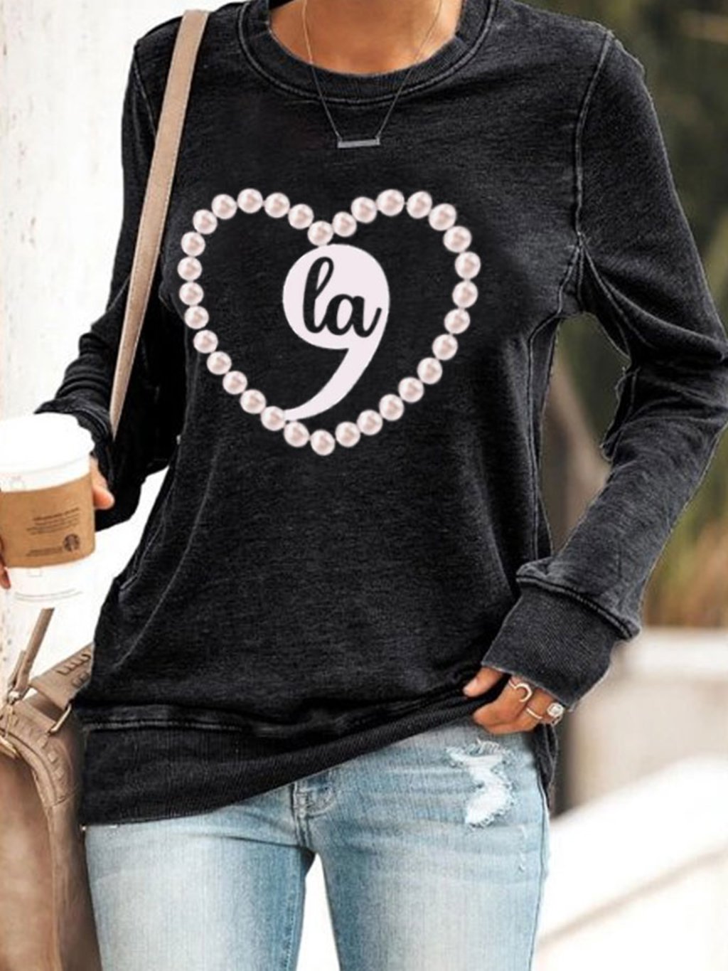 Women's Comma La Pearls Heart Printed Sweatshirt
