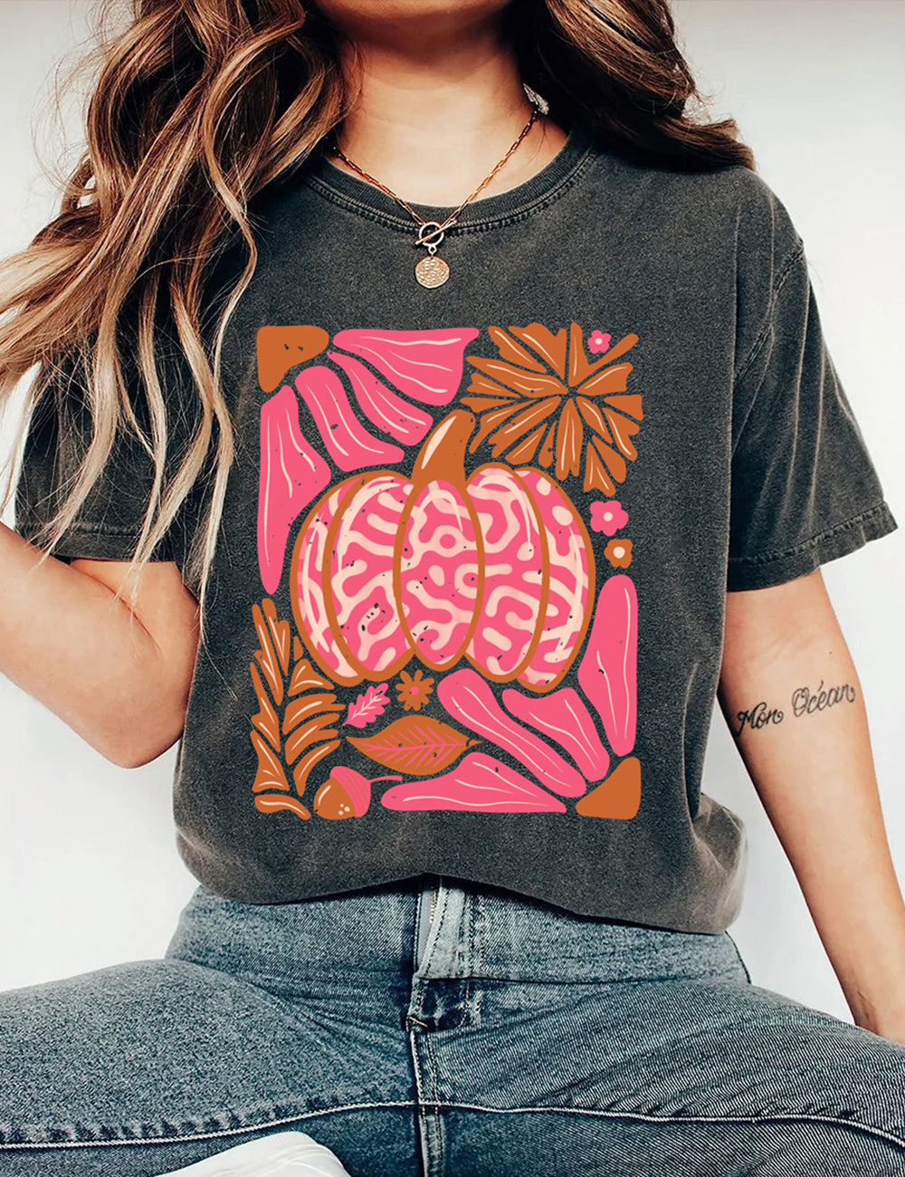Women's Pumpkin Floral Fall Print T-Shirt
