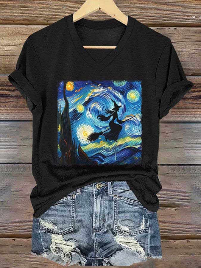 Women's Starry Night Flying Witch Print T-shirt