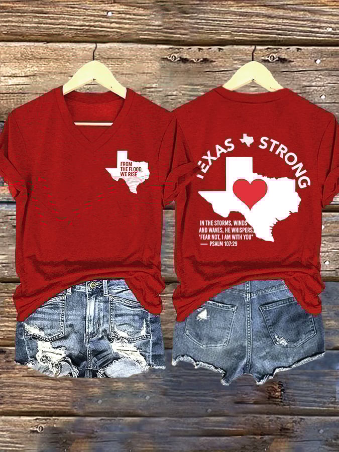 V-Neck Retro Texas Strong From The Flood, We Rise Texas Strong In The Storms, Winds And Waves, He Whispers,“Fear Not, I Am With You”— Psalm 107:29 Print T-Shirt