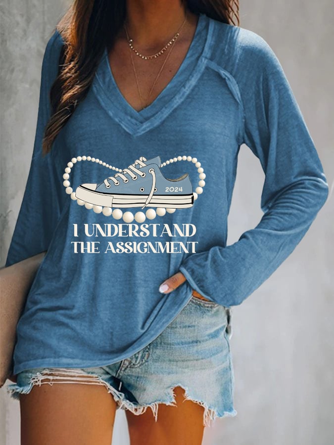 Women's I Understood The Assignment Print V Neck T-Shirt