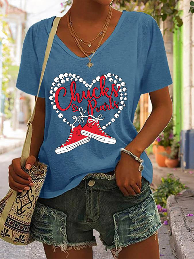 Women's Chucks & Pearls Pearl Heart Print V-Neck T-Shirt