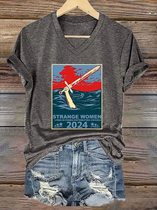 Women's Strange Women Lying In Ponds Distributing Swords Print T-Shirt