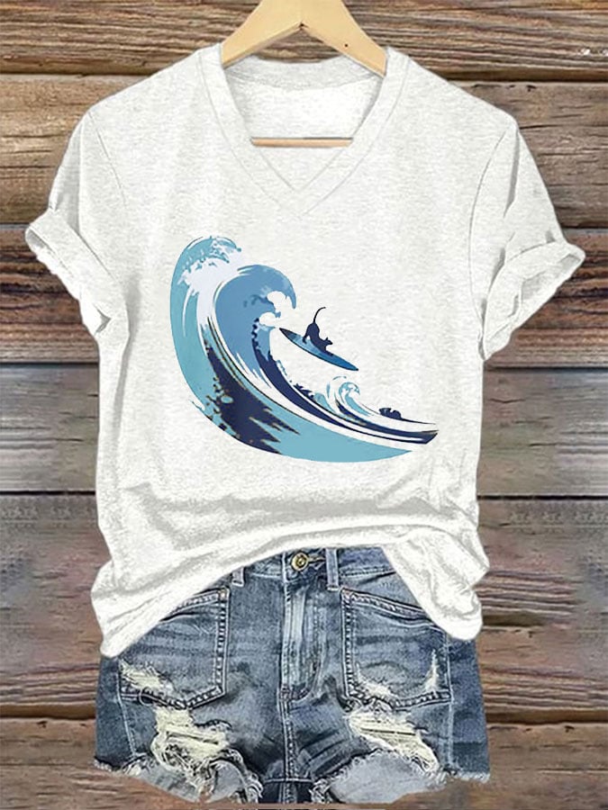 Women's Surfing Cat&Blue Wave Print T-Shirt