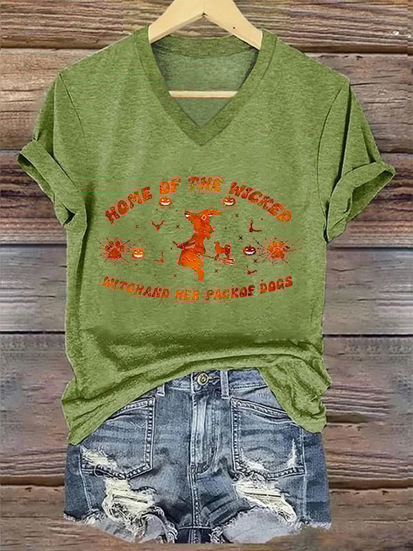 Home Of The Wicked Witch And Her Pack Of Dogs Print Crew Neck T-Shirt