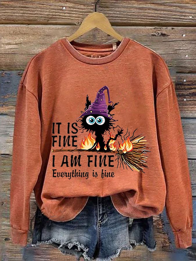 Women's Funny Halloween It's Fine I'm Fine Black Cat Print Crew Neck Sweatshirt