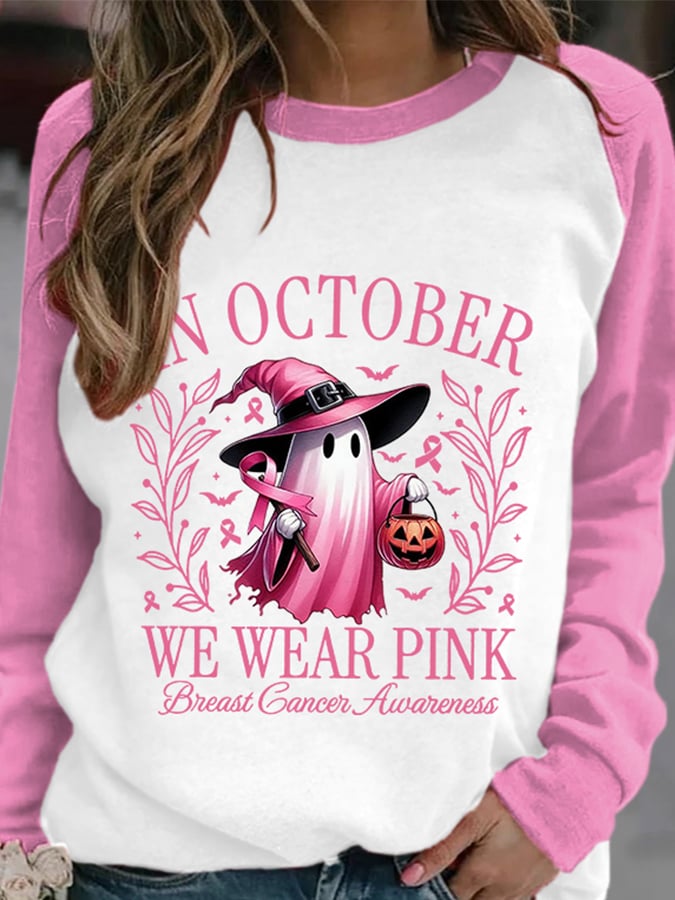 Women's In October We Wear Pink Halloween Ghost Breast Cancer Awareness Warrior Sweatshirt