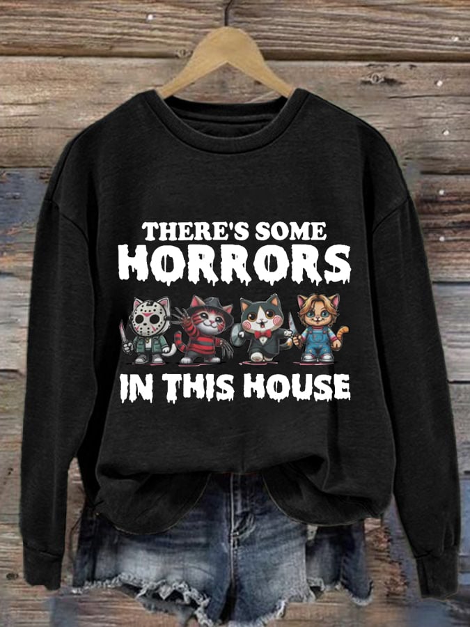 Women's There'S Some Horrors, Halloween Cat Print Long Sleeve Sweatshirt