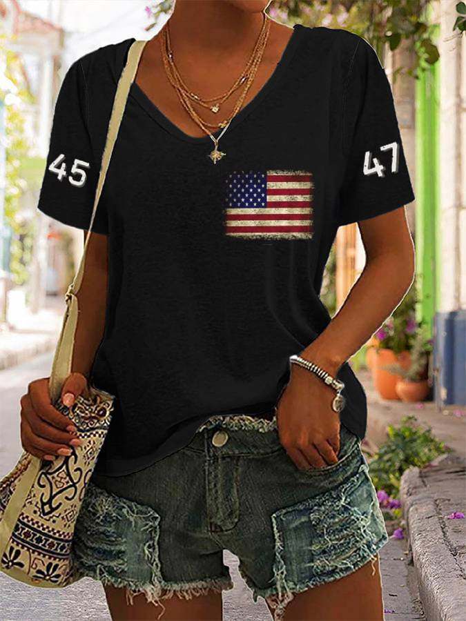 Women's 45-47 American Flag Print V-Neck T-Shirt