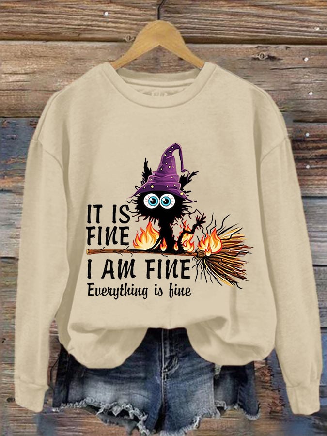 Women's Funny Halloween It's Fine I'm Fine Black Cat Print Crew Neck Sweatshirt