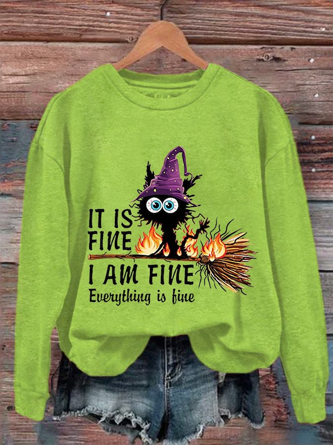Women's Funny Halloween It's Fine I'm Fine Black Cat Print Crew Neck Sweatshirt