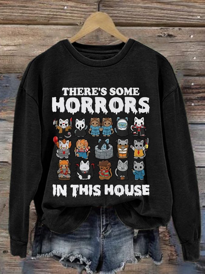 Women's There'S Some Horrors In This House, Halloween Cat Print Long Sleeve Sweatshirt