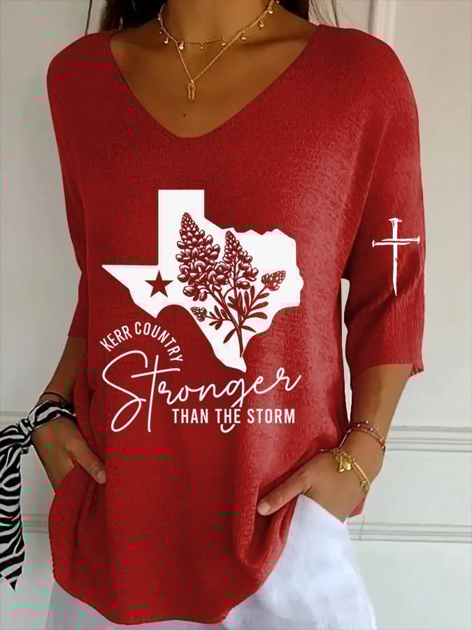 Women's Texas Flood Print Striped Fabric Casual V-Neck T-Shirt