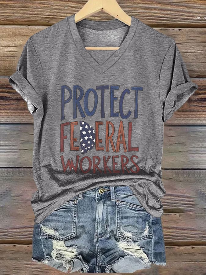 V-neck Retro Protect Federal Workers Print T-Shirt