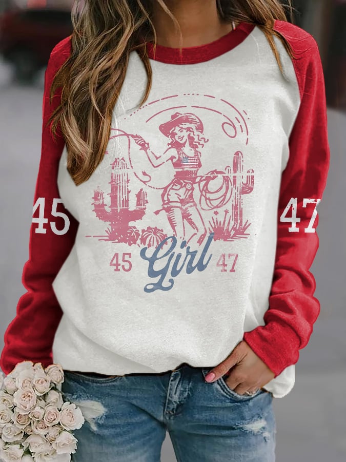 Retro 45 47 Flag Western Cowboy Girl Cactus Print Sweatshirt