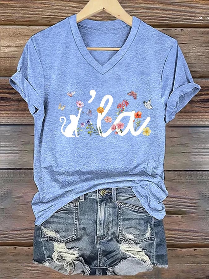 Women's Cute Cat La print casual T-shirt