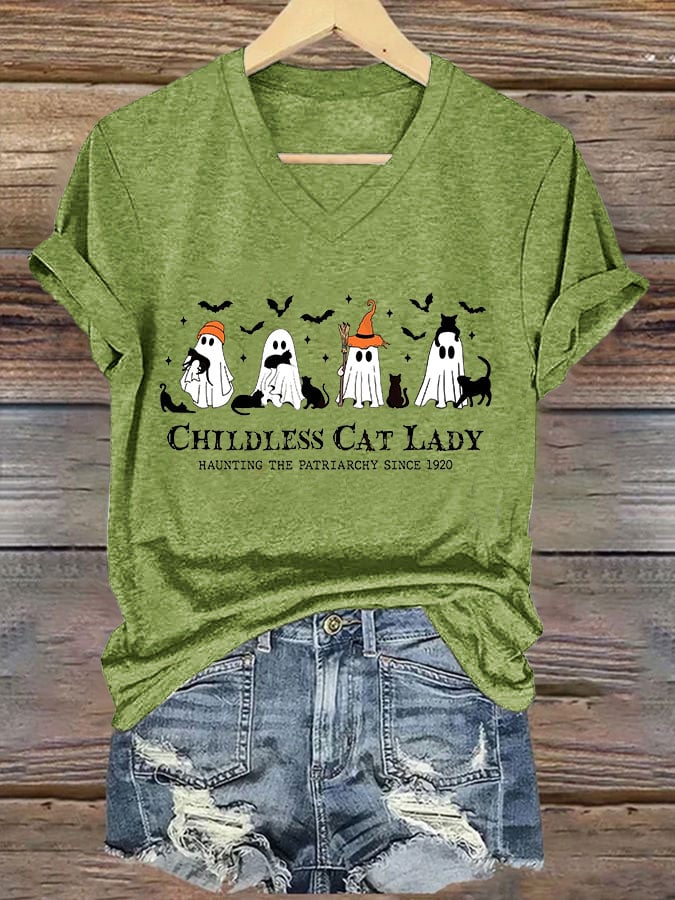 Women's Halloween Childless Cat Lady Print T-Shirt